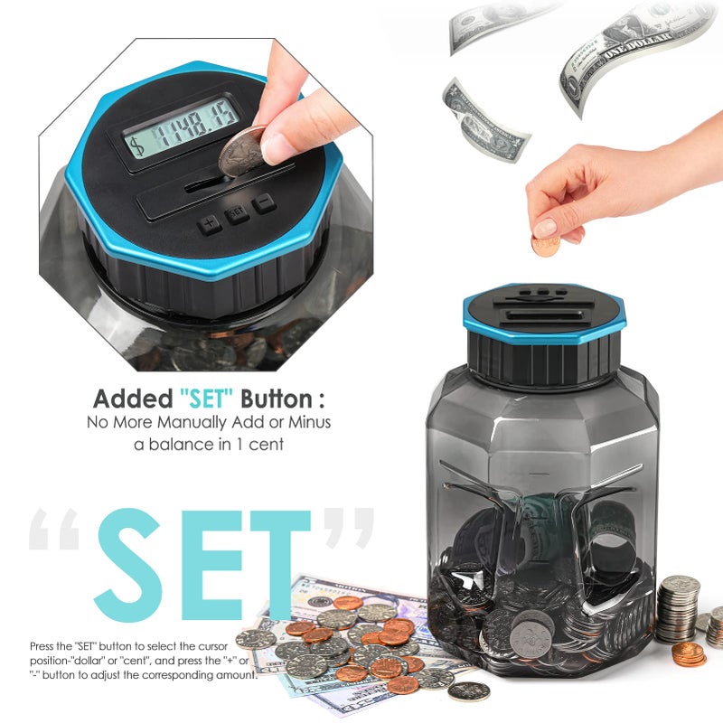 Vcertcpl X-Large Piggy Bank for Adults Kids, Vcertcpl Digital Coin Counting Bank with LCD Counter, 2.4L Capacity, Great Coin Counter Bank Money Counting Jar with Total Amount Displayed (Gray2, X-Large) - Image 5