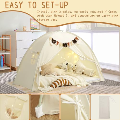 YEERSWAG Twin Bed Tent for Kids, Girls Bed Tent Canopy Sleeping Tent Privacy Space Dream Playhouse with Stars Light & Flags, Toddler Indoor Floor Play Tent for Boys & Girls, Birthday Children‘s Gift, Beige - Image 3