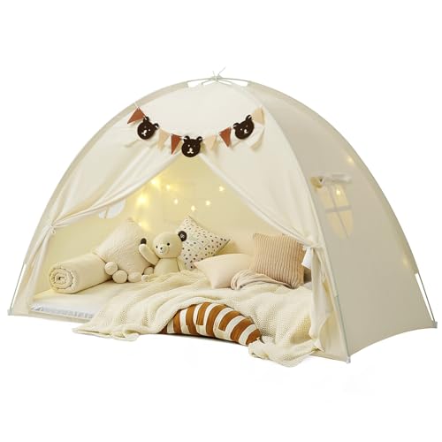 YEERSWAG Twin Bed Tent for Kids, Girls Bed Tent Canopy Sleeping Tent Privacy Space Dream Playhouse with Stars Light & Flags, Toddler Indoor Floor Play Tent for Boys & Girls, Birthday Children‘s Gift, Beige - Image 1