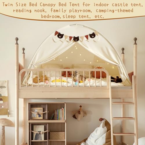 YEERSWAG Twin Bed Tent for Kids, Girls Bed Tent Canopy Sleeping Tent Privacy Space Dream Playhouse with Stars Light & Flags, Toddler Indoor Floor Play Tent for Boys & Girls, Birthday Children‘s Gift, Beige - Image 4