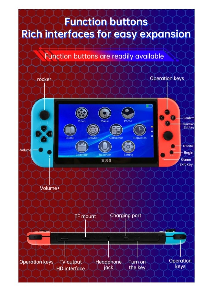 X80 Handheld Game Console, 7-inch High-definition Screen Arcade 10 Emulators, Portable Multi-functional Nostalgic Classic Game Console