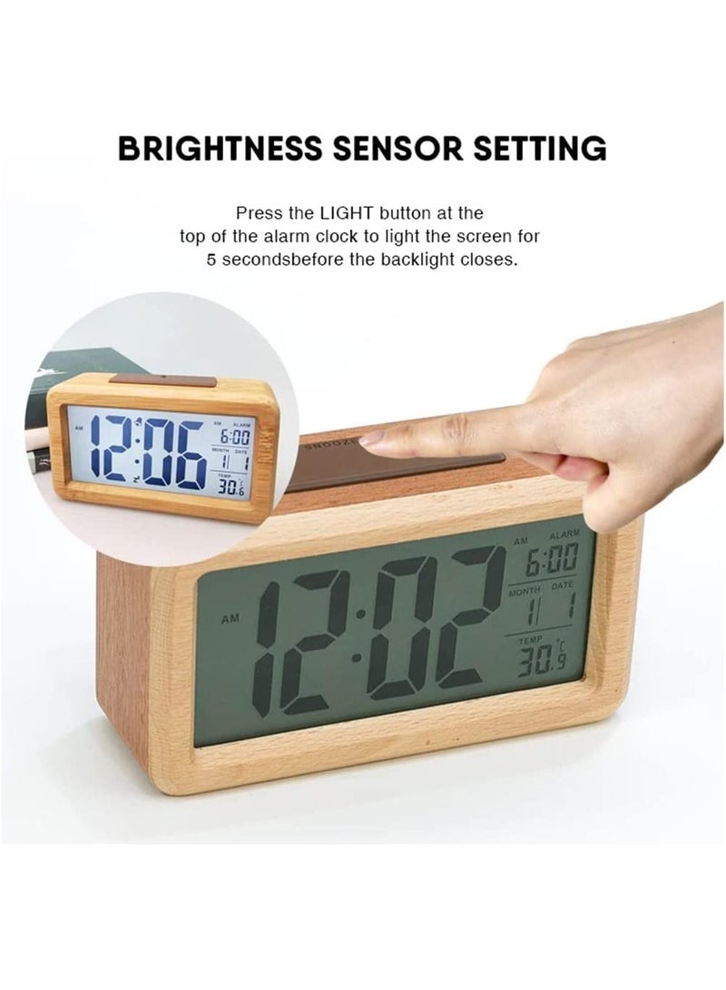 Rubik LCD Wooden Digital Alarm Clock with Date Month Temperature Display Smart Light Sensor Snooze Mode Battery Powered for Desk Tabletop Bedside Home Office Kids - Beige  - Image 4