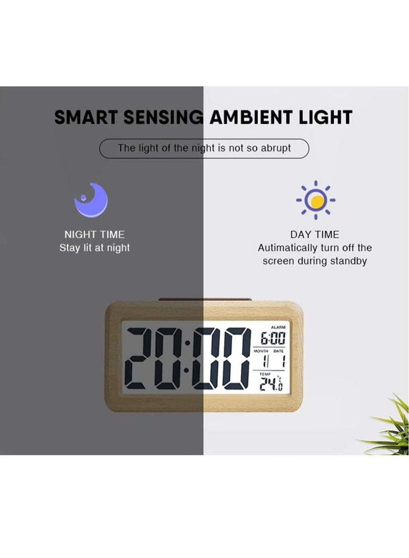 Rubik LCD Wooden Digital Alarm Clock with Date Month Temperature Display Smart Light Sensor Snooze Mode Battery Powered for Desk Tabletop Bedside Home Office Kids - Beige  - Image 3