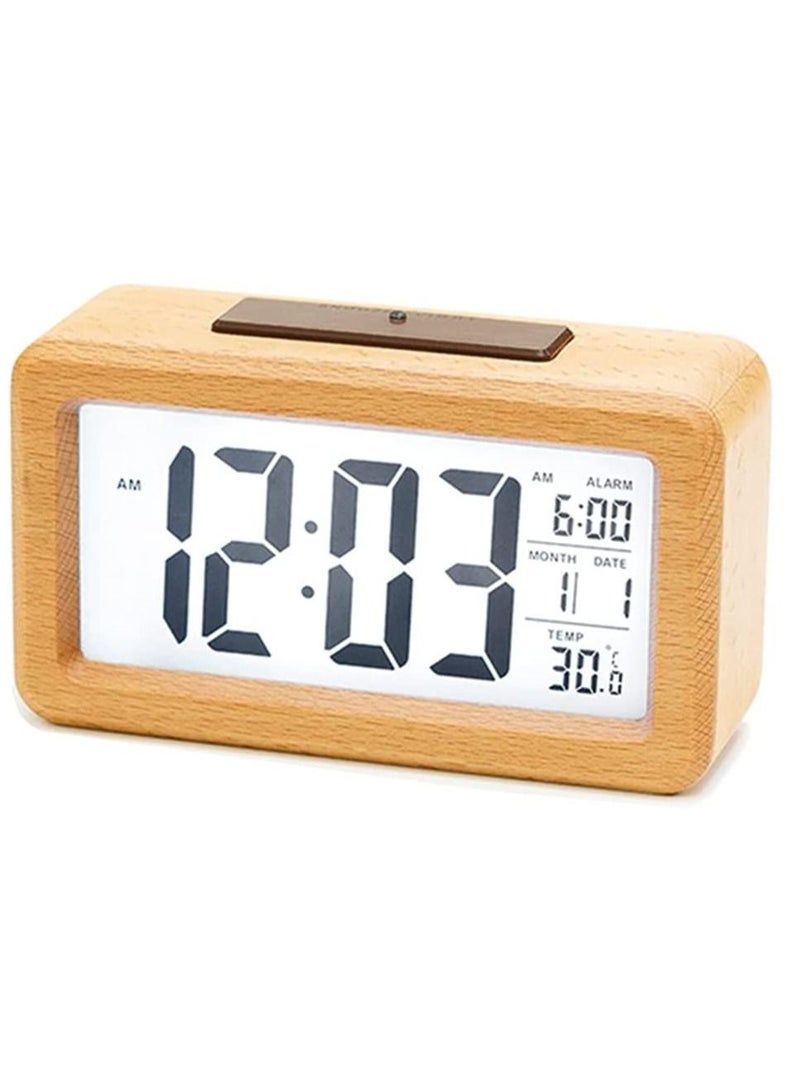 Rubik LCD Wooden Digital Alarm Clock with Date Month Temperature Display Smart Light Sensor Snooze Mode Battery Powered for Desk Tabletop Bedside Home Office Kids - Beige  - Image 1