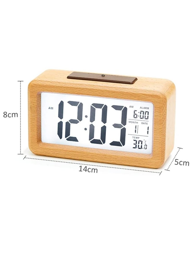 Rubik LCD Wooden Digital Alarm Clock with Date Month Temperature Display Smart Light Sensor Snooze Mode Battery Powered for Desk Tabletop Bedside Home Office Kids - Beige  - Image 2