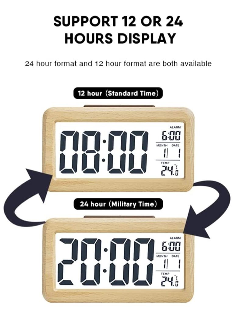 Rubik LCD Wooden Digital Alarm Clock with Date Month Temperature Display Smart Light Sensor Snooze Mode Battery Powered for Desk Tabletop Bedside Home Office Kids - Beige  - Image 5