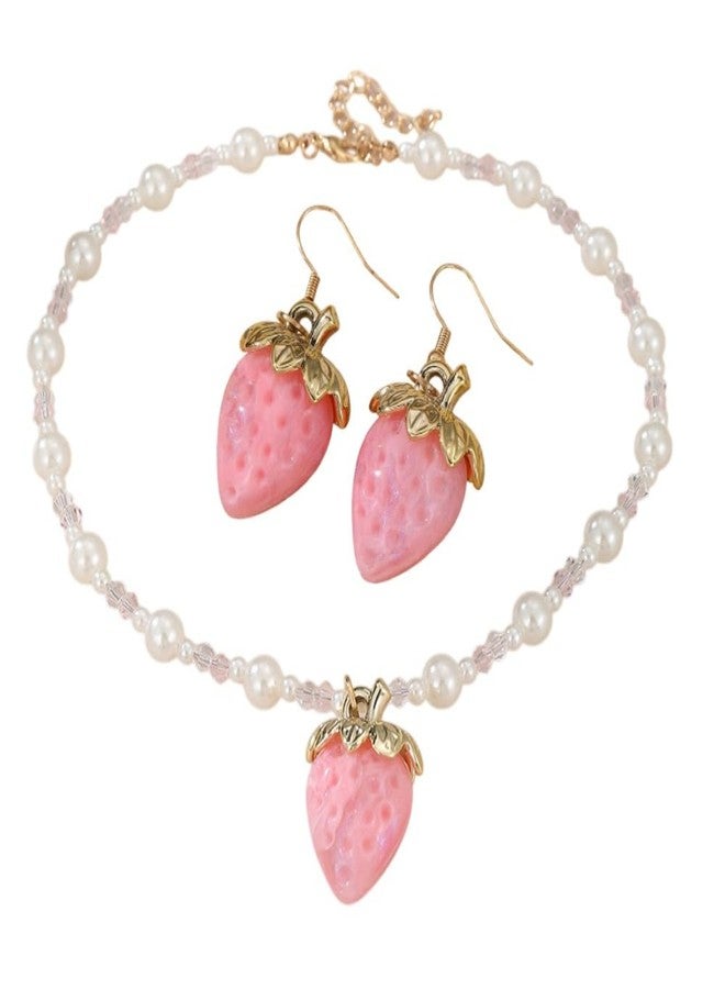 KZL Cute Strawberry Jewelry Set Funny 3D Imitation Fruits Strawberry Necklace Earrings for Women Imitation Pearl Beaded Choker Necklace Y2k Jewelry Gift-Pink - Image 1
