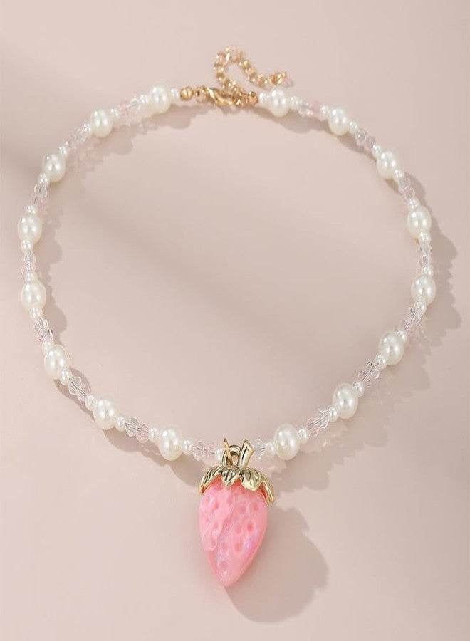 KZL Cute Strawberry Jewelry Set Funny 3D Imitation Fruits Strawberry Necklace Earrings for Women Imitation Pearl Beaded Choker Necklace Y2k Jewelry Gift-Pink - Image 2