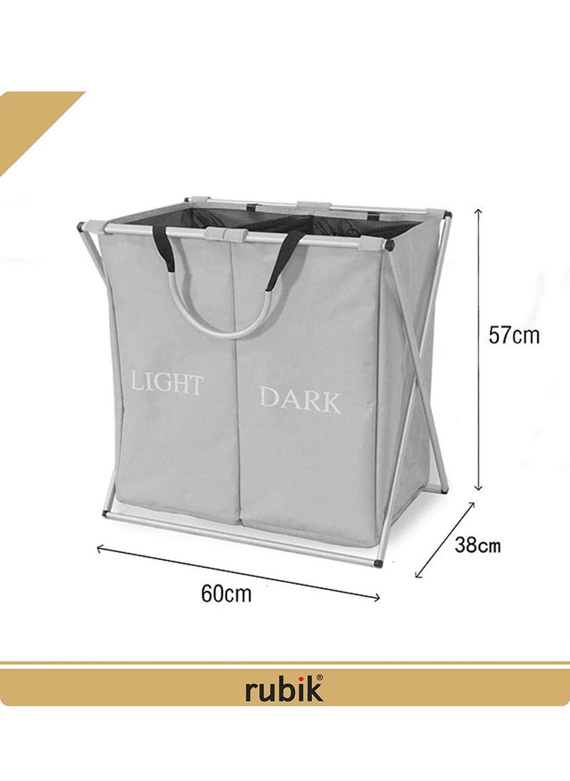 Laundry Basket 2 Large Compartment Dirty Clothes Laundry Hamper Storage Bag with Aluminum X-Frame and Handle Dark and Light Color Compartments