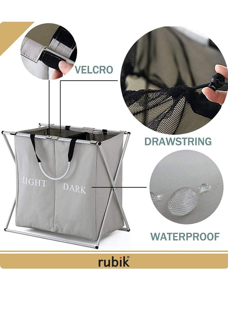 Laundry Basket 2 Large Compartment Dirty Clothes Laundry Hamper Storage Bag with Aluminum X-Frame and Handle Dark and Light Color Compartments