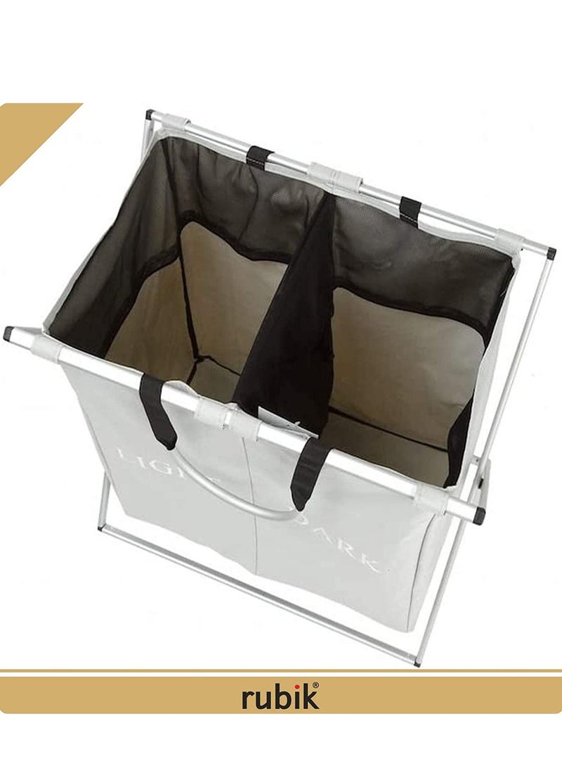Laundry Basket 2 Large Compartment Dirty Clothes Laundry Hamper Storage Bag with Aluminum X-Frame and Handle Dark and Light Color Compartments