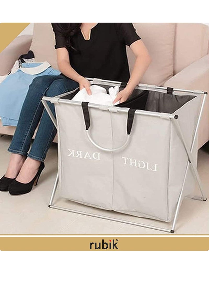 Laundry Basket 2 Large Compartment Dirty Clothes Laundry Hamper Storage Bag with Aluminum X-Frame and Handle Dark and Light Color Compartments