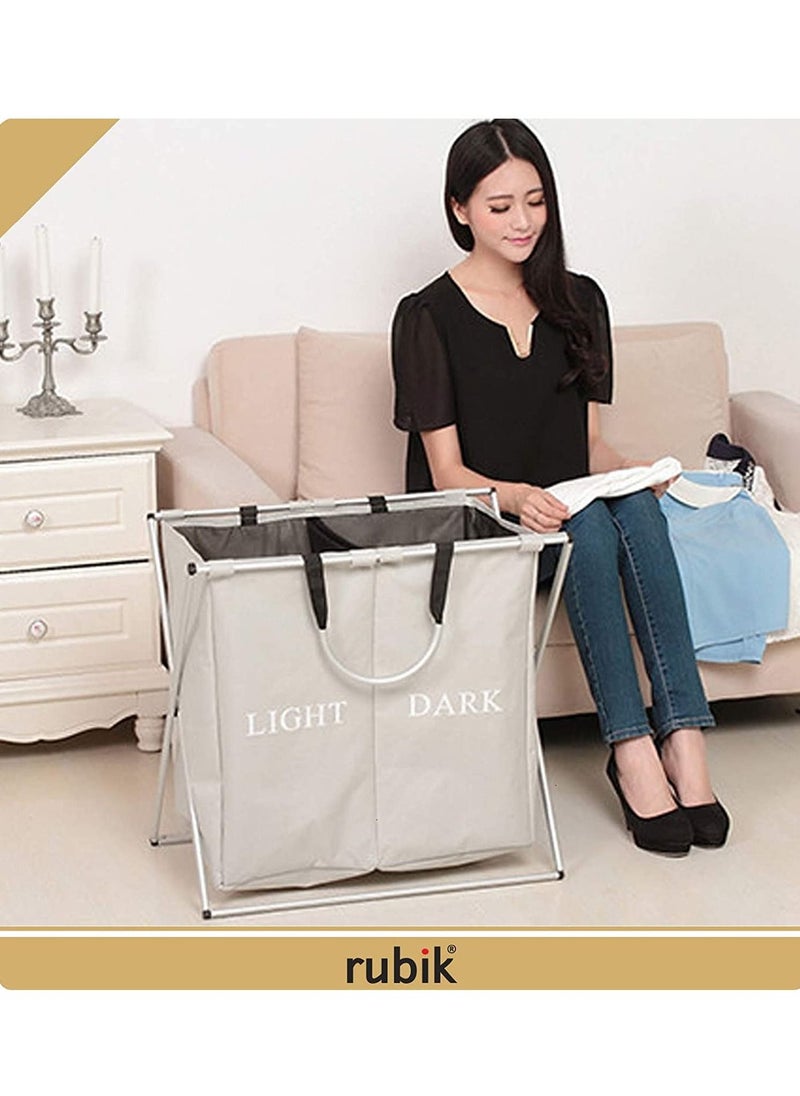 Laundry Basket 2 Large Compartment Dirty Clothes Laundry Hamper Storage Bag with Aluminum X-Frame and Handle Dark and Light Color Compartments