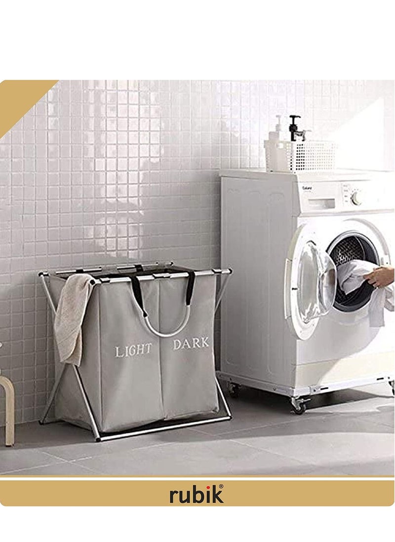 Laundry Basket 2 Large Compartment Dirty Clothes Laundry Hamper Storage Bag with Aluminum X-Frame and Handle Dark and Light Color Compartments