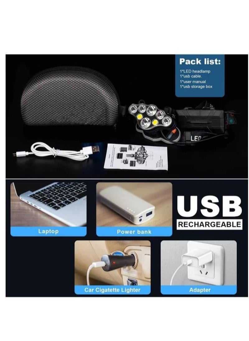 ماركة غير محددة مصباح رأس LED قابل لإعادة الشحن - 5 مصابيح LED، شحن USB، 4 أوضاع إضاءة، عصابة رأس قابلة للتعديل للاستخدام في الهواء الطلق والتخييم  - Image 3