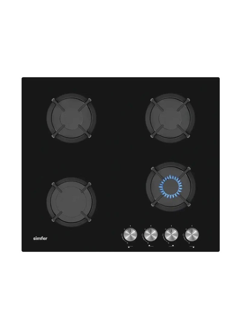Gas Hob 60 cm | 4 Burner Built In Gas Cooktop | Black Glass Surface | Euro Pool Burners | FFD Safety System | Auto Ignition | Cast Iron Pan Support | Front Control Knobs | SMF6405BHG-BC