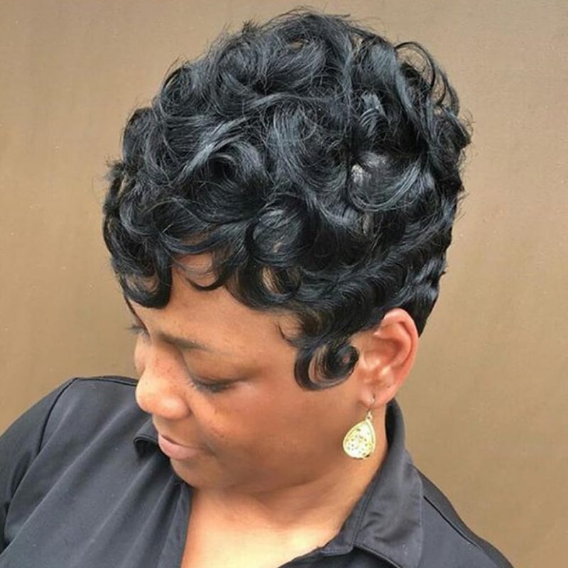 BingSing Pixie Cut Wig Natural Black Short Wigs for Black Women Short Wavy Hair Pixie Wigs with Bang Synthetic Finger Curly Hair Pixie Wig (black) - Image 1
