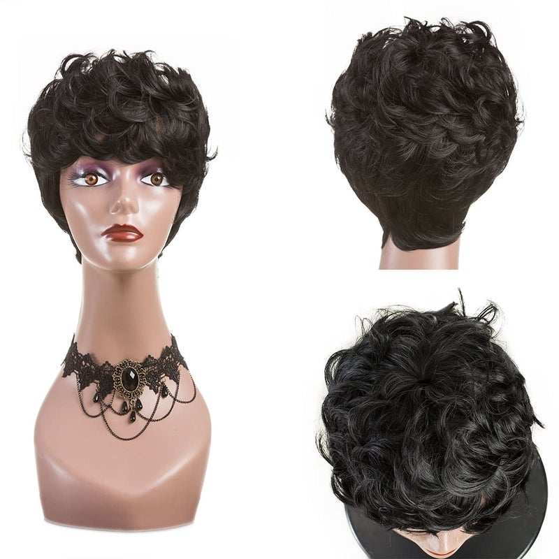 BingSing Pixie Cut Wig Natural Black Short Wigs for Black Women Short Wavy Hair Pixie Wigs with Bang Synthetic Finger Curly Hair Pixie Wig (black) - Image 3