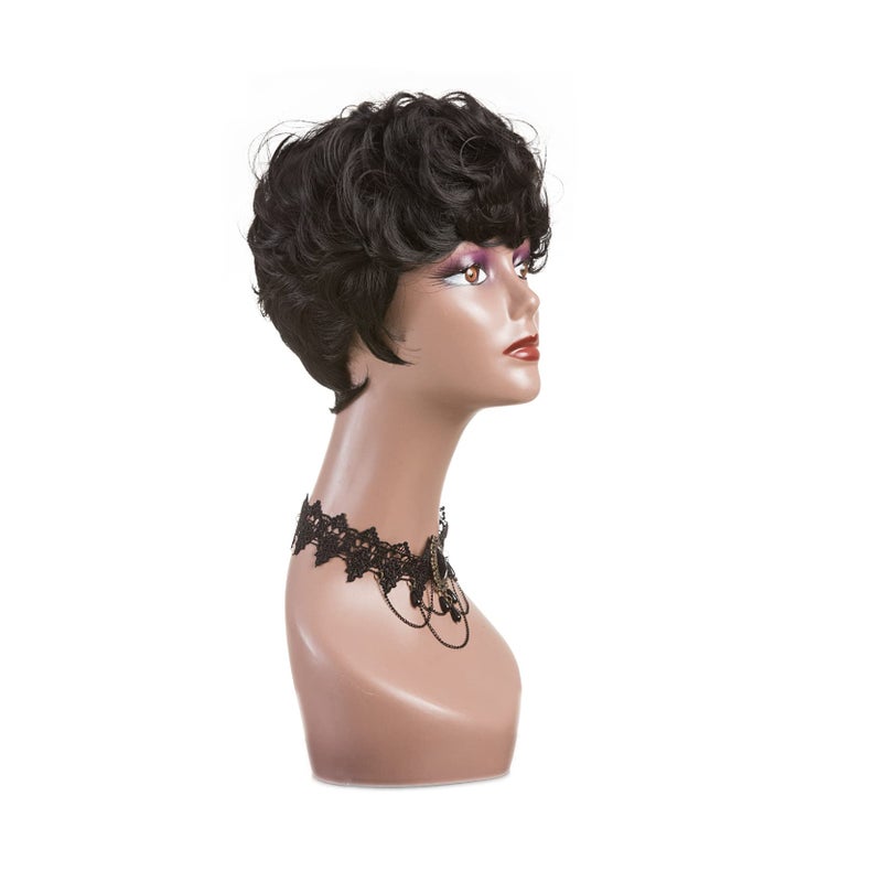 BingSing Pixie Cut Wig Natural Black Short Wigs for Black Women Short Wavy Hair Pixie Wigs with Bang Synthetic Finger Curly Hair Pixie Wig (black) - Image 5