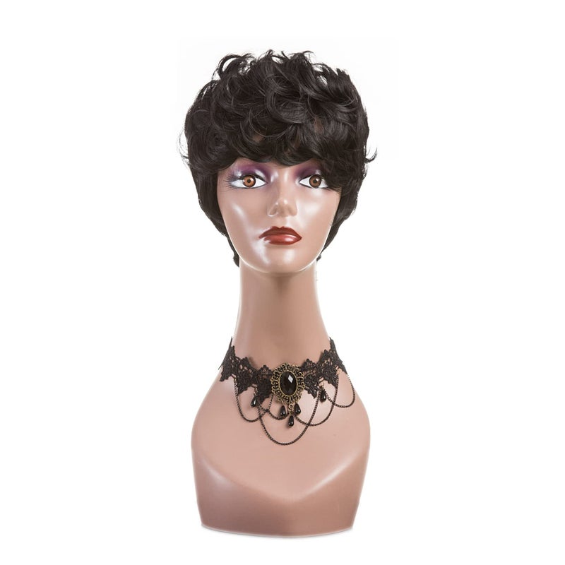 BingSing Pixie Cut Wig Natural Black Short Wigs for Black Women Short Wavy Hair Pixie Wigs with Bang Synthetic Finger Curly Hair Pixie Wig (black) - Image 2