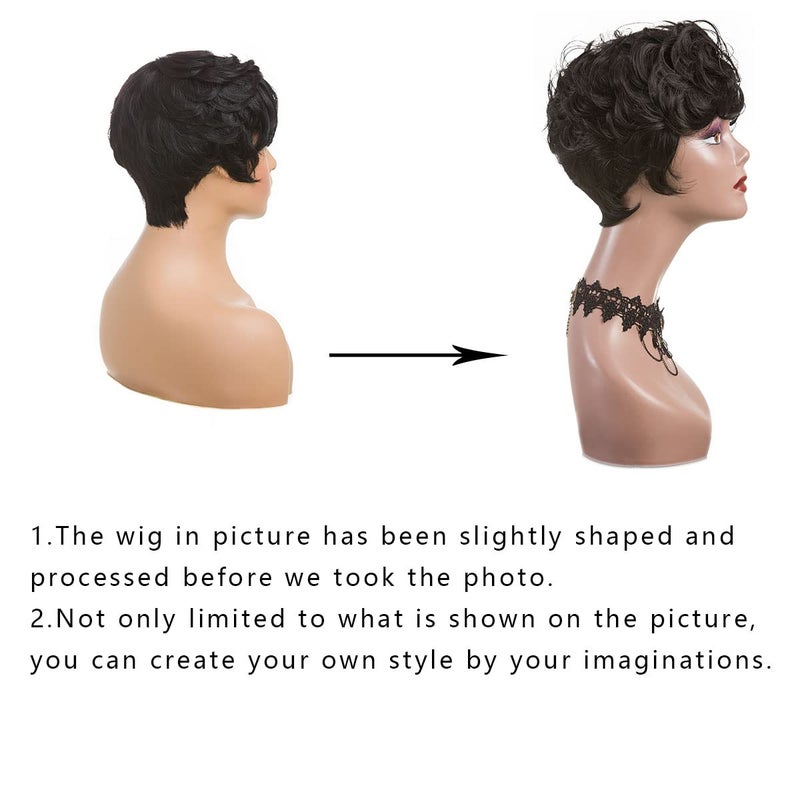 BingSing Pixie Cut Wig Natural Black Short Wigs for Black Women Short Wavy Hair Pixie Wigs with Bang Synthetic Finger Curly Hair Pixie Wig (black) - Image 4