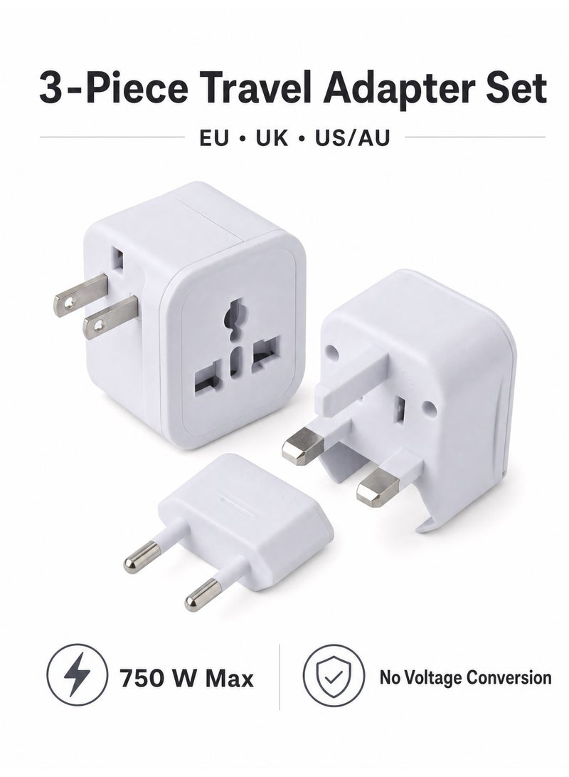 3-Piece Universal Travel Adapter Set with EU, UK and US/AU Plug Options, Universal Socket, 750 W, White - Image 5