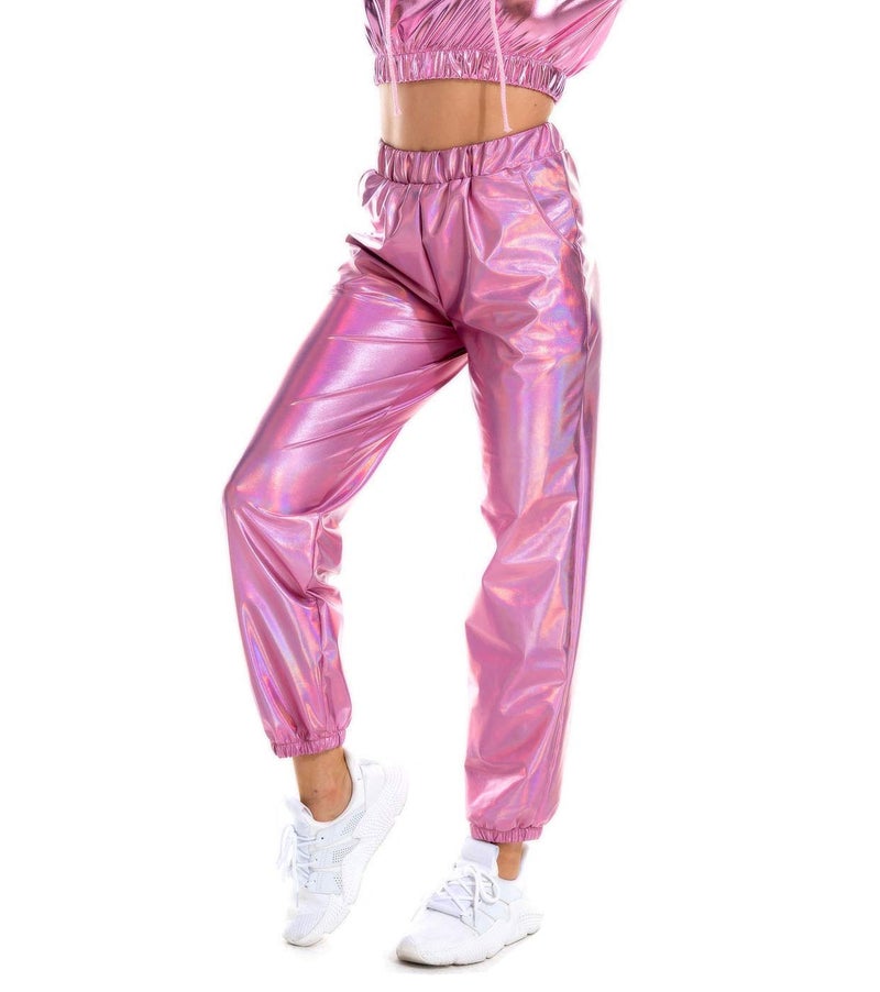 SIAEAMRG Womens Shiny Metallic High Waist Stretchy Jogger Pants, Wet Look Hip Hop Club Wear Holographic Trousers Sweatpant (Pink, L) - Image 2