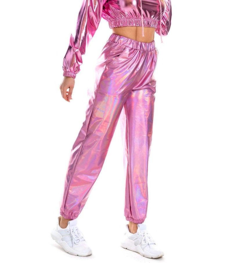 SIAEAMRG Womens Shiny Metallic High Waist Stretchy Jogger Pants, Wet Look Hip Hop Club Wear Holographic Trousers Sweatpant (Pink, L) - Image 5