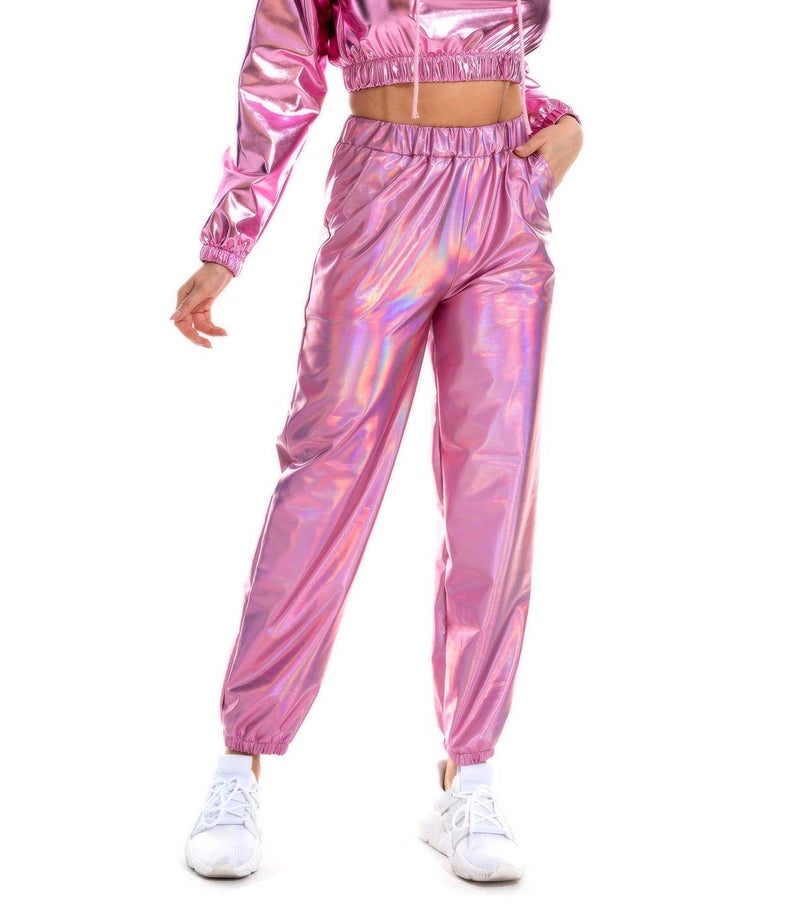 SIAEAMRG Womens Shiny Metallic High Waist Stretchy Jogger Pants, Wet Look Hip Hop Club Wear Holographic Trousers Sweatpant (Pink, L) - Image 3