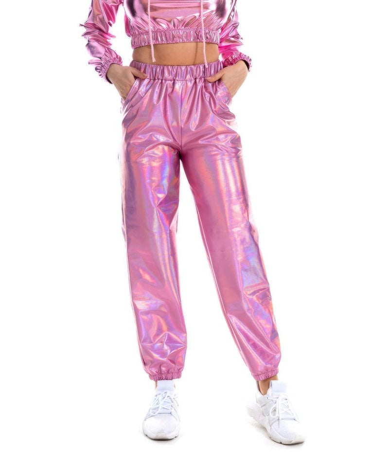 SIAEAMRG Womens Shiny Metallic High Waist Stretchy Jogger Pants, Wet Look Hip Hop Club Wear Holographic Trousers Sweatpant (Pink, L) - Image 1