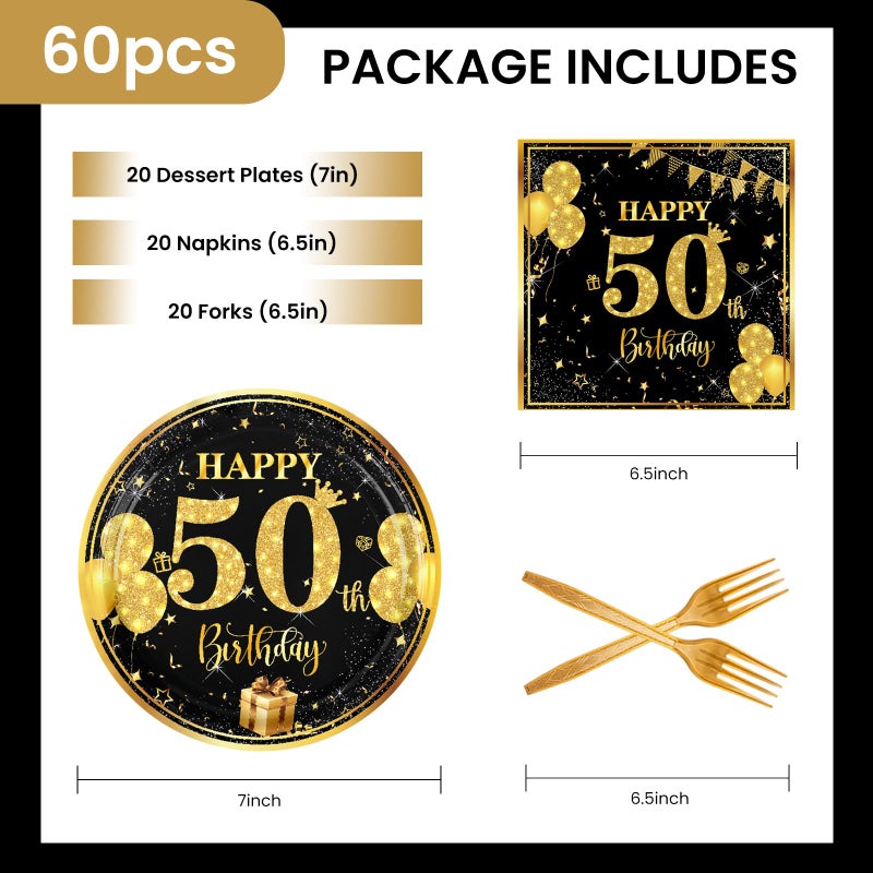 LDFDRT 50th 7 inch Birthday Party Paper Plates and Napkins Forks 60 pcs Black Gold Decorations for Boys Girls Tableware Set for Birthday Anniversary Party Supplies,Serve 20 - Image 5