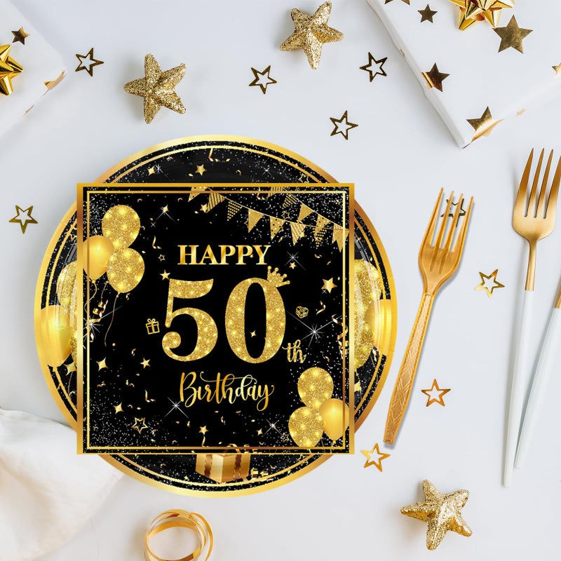 LDFDRT 50th 7 inch Birthday Party Paper Plates and Napkins Forks 60 pcs Black Gold Decorations for Boys Girls Tableware Set for Birthday Anniversary Party Supplies,Serve 20 - Image 3