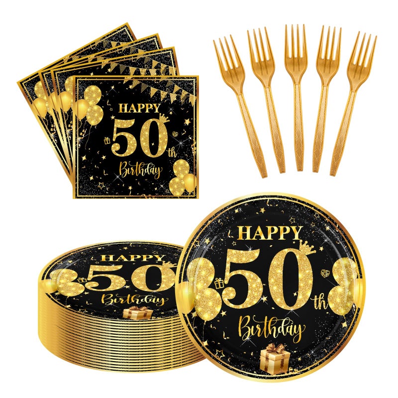 LDFDRT 50th 7 inch Birthday Party Paper Plates and Napkins Forks 60 pcs Black Gold Decorations for Boys Girls Tableware Set for Birthday Anniversary Party Supplies,Serve 20 - Image 1