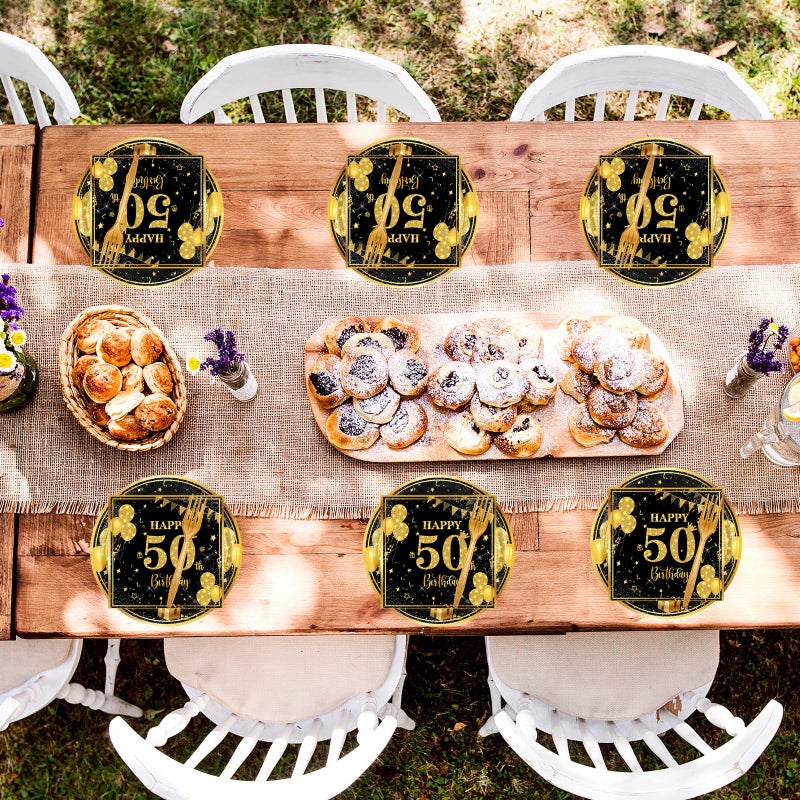 LDFDRT 50th 7 inch Birthday Party Paper Plates and Napkins Forks 60 pcs Black Gold Decorations for Boys Girls Tableware Set for Birthday Anniversary Party Supplies,Serve 20 - Image 4