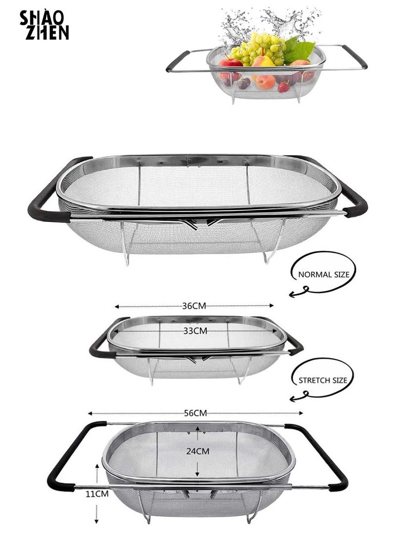 SHAOZHEN Stainless Steel Over the Sink Colander Strainer Basket，Draining Basket，Sink Basket，Sink with Rubber Grip, Fine Mesh, Large Kitchen Gadgets Tools，Strainer Home Kitchen Essentials - Image 1