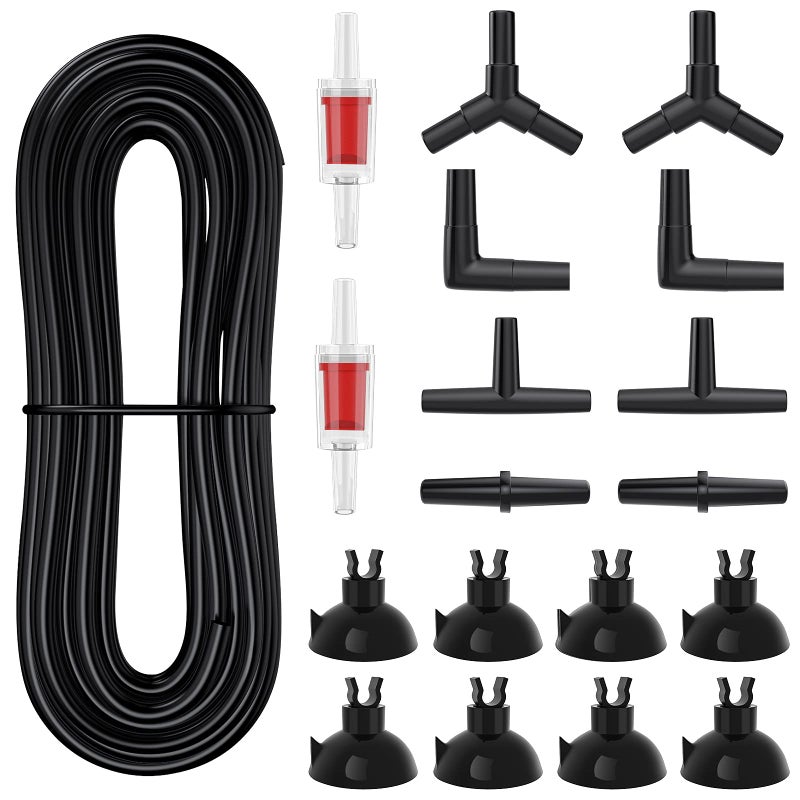 Pawfly 25 Feet Black Airline Tubing Standard Aquarium Air Pump Accessories Set with Suction Cups Connectors and Check Valves - Image 1