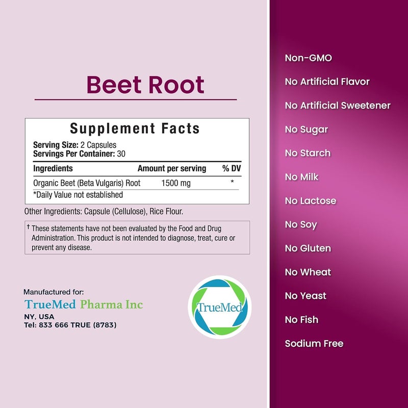 TRUEMED Beet Root Supplement 1500mg Per Serving Supports Nitric Oxide Flow Blood Pressure Circulation  Heart Health Natural Antioxidant Energy  Stamina Boost 60 Vegetable Capsules GMP Certified - Image 2