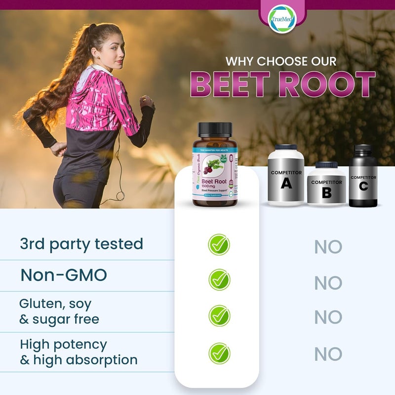 TRUEMED Beet Root Supplement 1500mg Per Serving Supports Nitric Oxide Flow Blood Pressure Circulation  Heart Health Natural Antioxidant Energy  Stamina Boost 60 Vegetable Capsules GMP Certified - Image 4