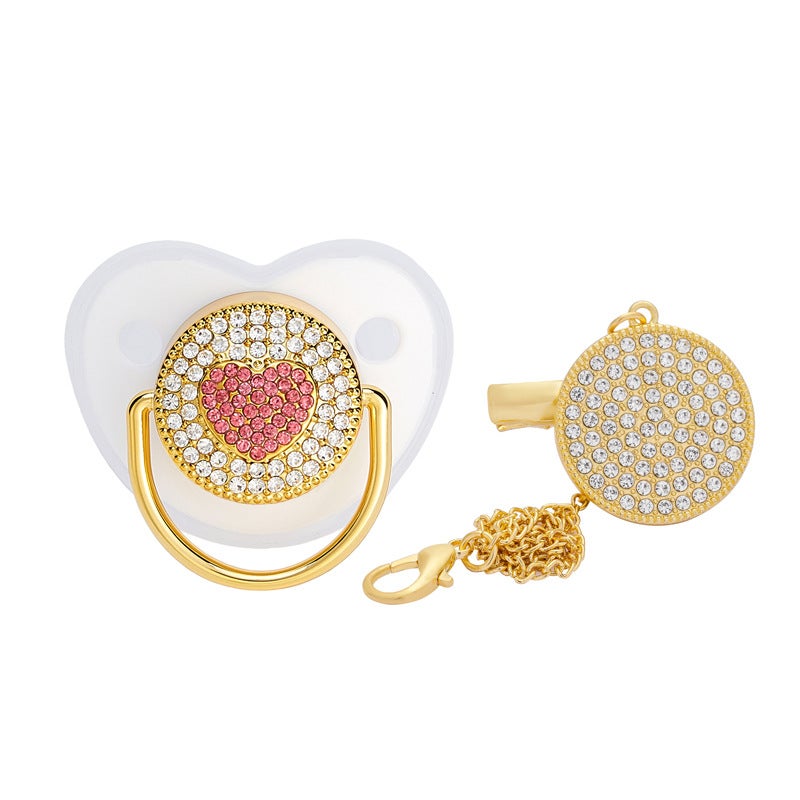 New cross-border heart diamond baby pacifier baby love drill soothing play mouth with chain clip - Image 1