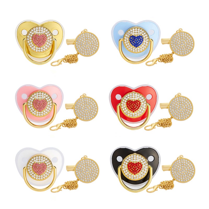 New cross-border heart diamond baby pacifier baby love drill soothing play mouth with chain clip - Image 2