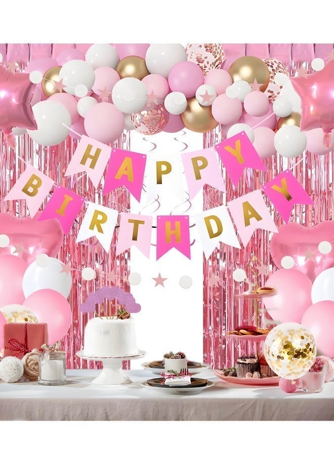 Pink Birthday Party Decorations, 68Pcs Party Decorations Set with Happy Birthday Banner, 12-inch Confetti Balloons, 12-inch Metallic Pink Balloons, Heart Star Shape Balloons, Fringe Curtain and Hanging Swirls, Ribbon, Glue Points and Cake Toppers for Women Girls Birthday Princess Party - Image 1