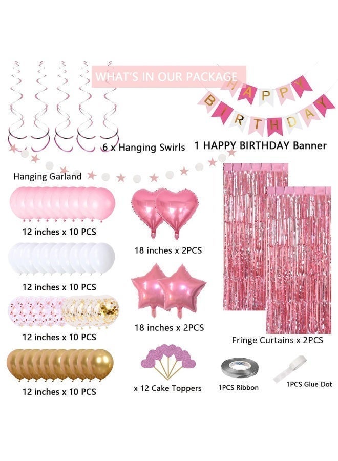 Pink Birthday Party Decorations, 68Pcs Party Decorations Set with Happy Birthday Banner, 12-inch Confetti Balloons, 12-inch Metallic Pink Balloons, Heart Star Shape Balloons, Fringe Curtain and Hanging Swirls, Ribbon, Glue Points and Cake Toppers for Women Girls Birthday Princess Party - Image 2