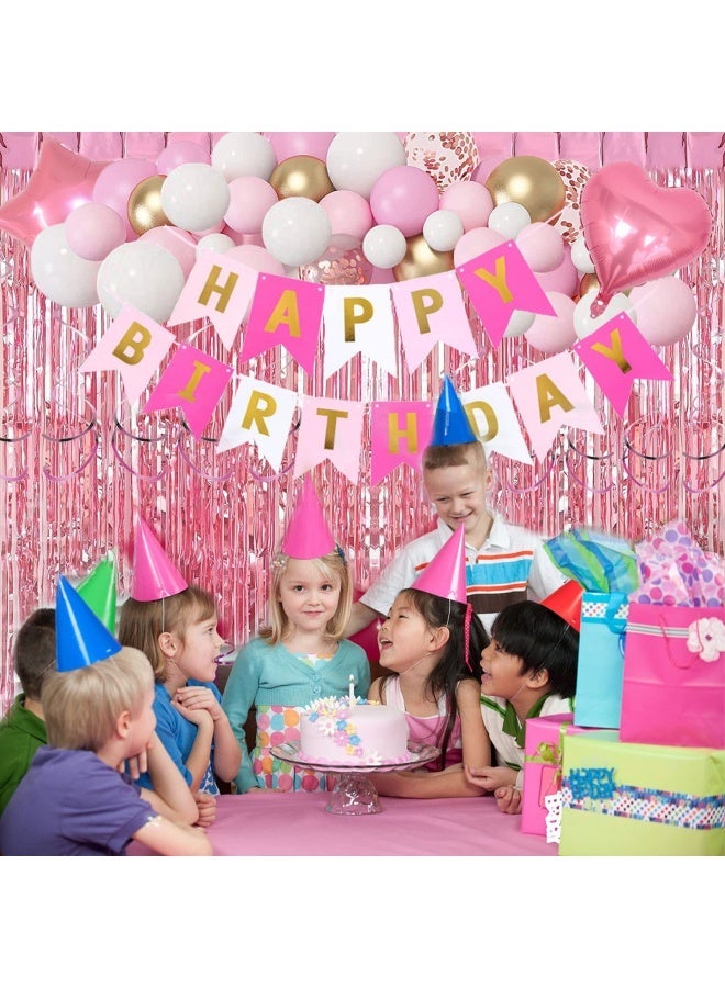 Pink Birthday Party Decorations, 68Pcs Party Decorations Set with Happy Birthday Banner, 12-inch Confetti Balloons, 12-inch Metallic Pink Balloons, Heart Star Shape Balloons, Fringe Curtain and Hanging Swirls, Ribbon, Glue Points and Cake Toppers for Women Girls Birthday Princess Party - Image 5
