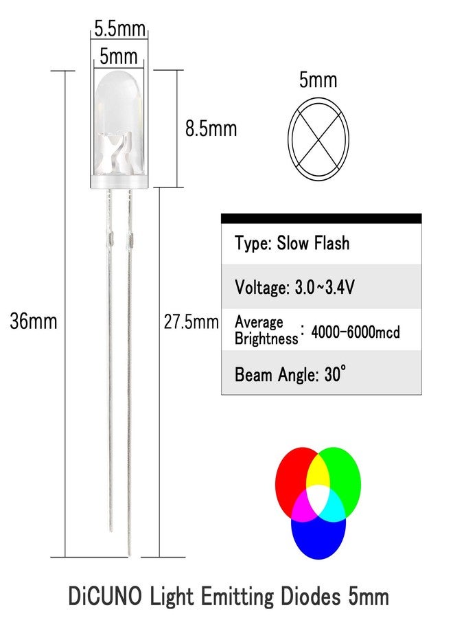 DiCUNO 100pcs 5mm RGB Multicolor Slow Blinking LED Diode, Multi Color Changing 2 Pin Super Bright Light Emitting LED Diodes Clear Round Lens Diffused Flicker LED - Image 2