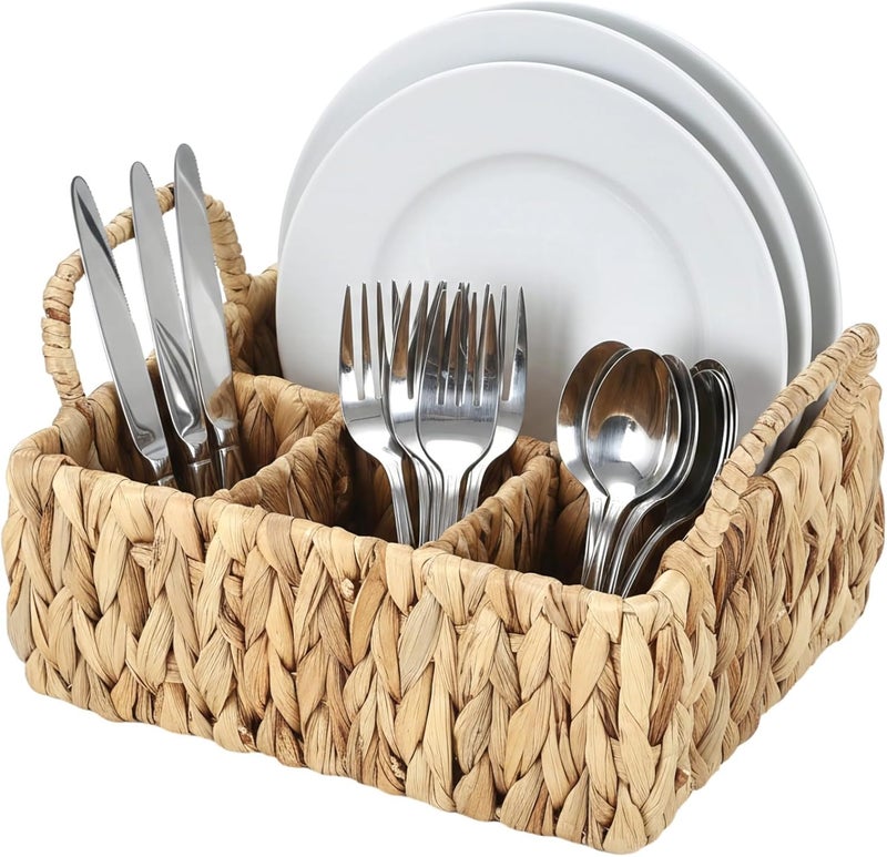 Water Hyacinth Utensil Caddy, Natural Woven Silverware Organizer With Dual Handles, 4-Compartment Flatware Storage Basket, Farmhouse Divided Cutlery Holder, 10.4 X 8.5 X 6.1 In - Image 1