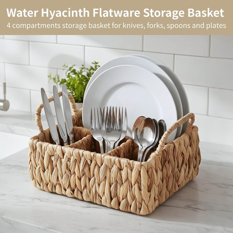 Water Hyacinth Utensil Caddy, Natural Woven Silverware Organizer With Dual Handles, 4-Compartment Flatware Storage Basket, Farmhouse Divided Cutlery Holder, 10.4 X 8.5 X 6.1 In - Image 5