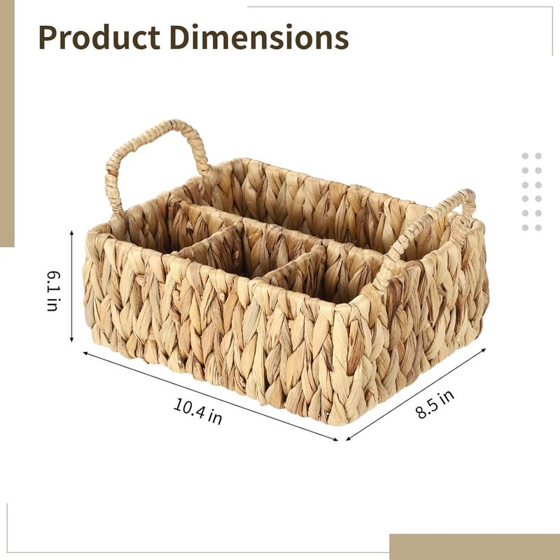 Water Hyacinth Utensil Caddy, Natural Woven Silverware Organizer With Dual Handles, 4-Compartment Flatware Storage Basket, Farmhouse Divided Cutlery Holder, 10.4 X 8.5 X 6.1 In - Image 3