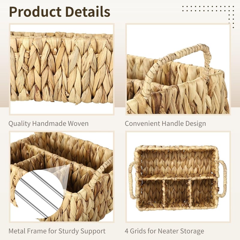 Water Hyacinth Utensil Caddy, Natural Woven Silverware Organizer With Dual Handles, 4-Compartment Flatware Storage Basket, Farmhouse Divided Cutlery Holder, 10.4 X 8.5 X 6.1 In - Image 2