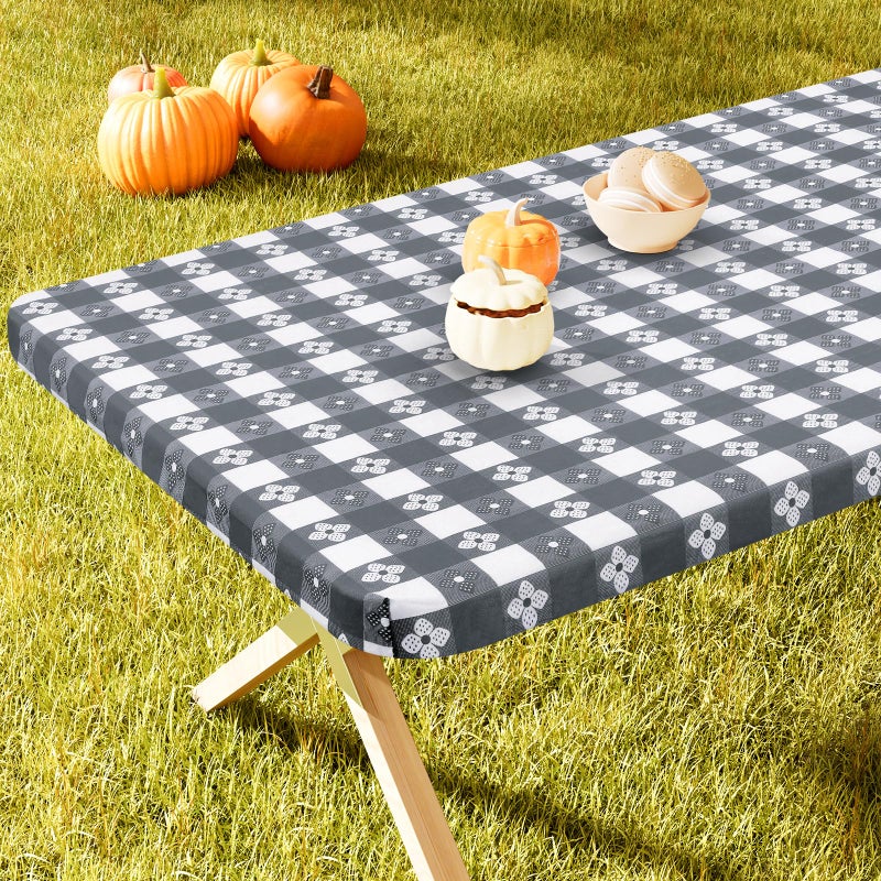 Spotjoy Rectangle Picnic Table Cloth  Waterproof Elastic Fitted Outdoor Table Covers for 8 Foot Tables  Flannel Backed Plastic Vinyl Tablecloths for Camping  Dining and Indoor (30""x96""  Grey & White) - Image 4