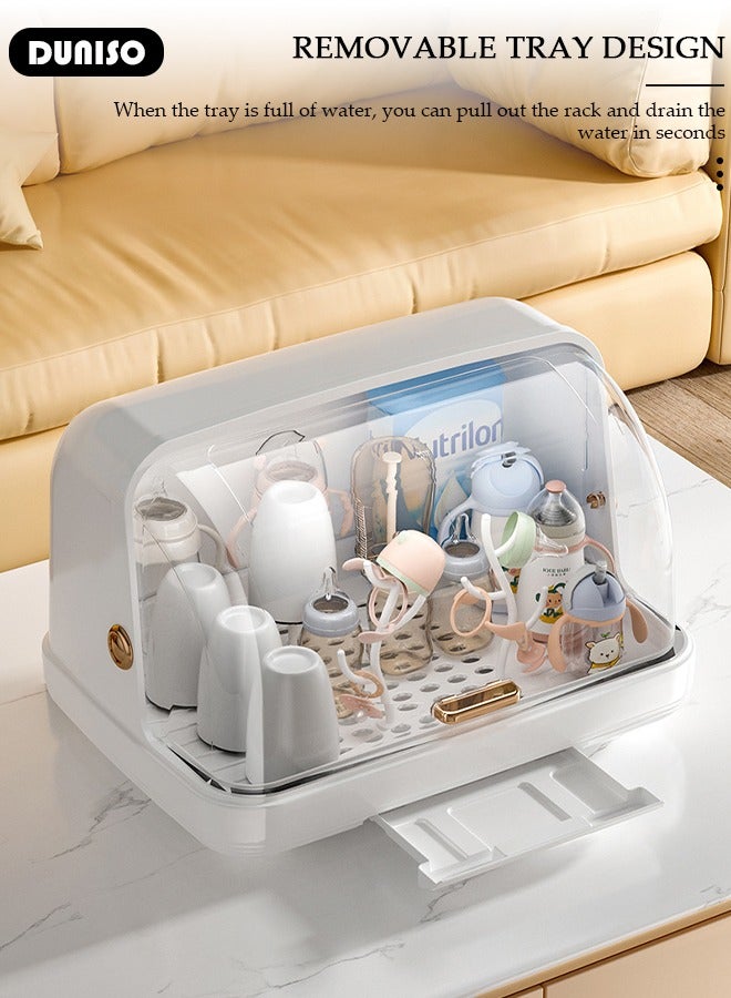 DUNISO Baby Bottle Drying Rack, Vertical Baby Bottle Storage with Anti-dust Cover, Tableware Drying Rack with Pull-Out Drain Board, Portable Kitchen Cabinet Organizer with Haft, Cup Storage Box for Home Kitchen - Image 3